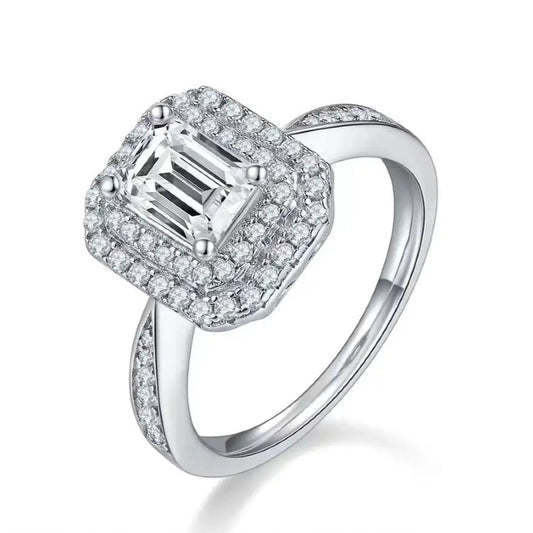 Double Halo 1.00ct Emerald Cut Moissanite Engagement Ring