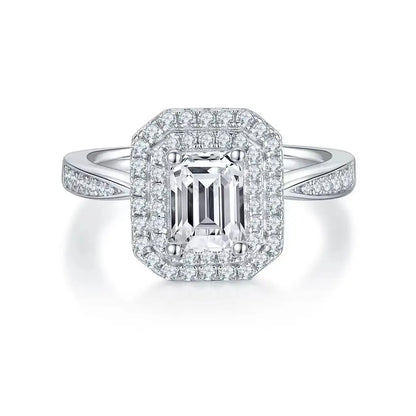 Double Halo 1.00ct Emerald Cut Moissanite Engagement Ring