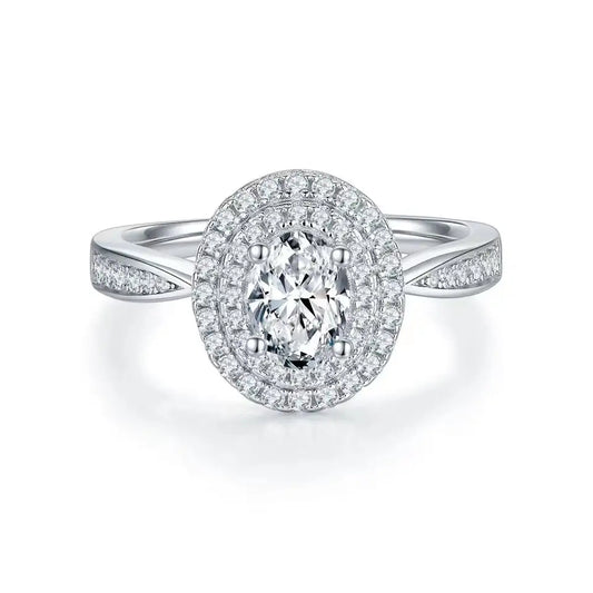 Double Halo 1.00ct Oval Cut Moissanite Engagement Ring