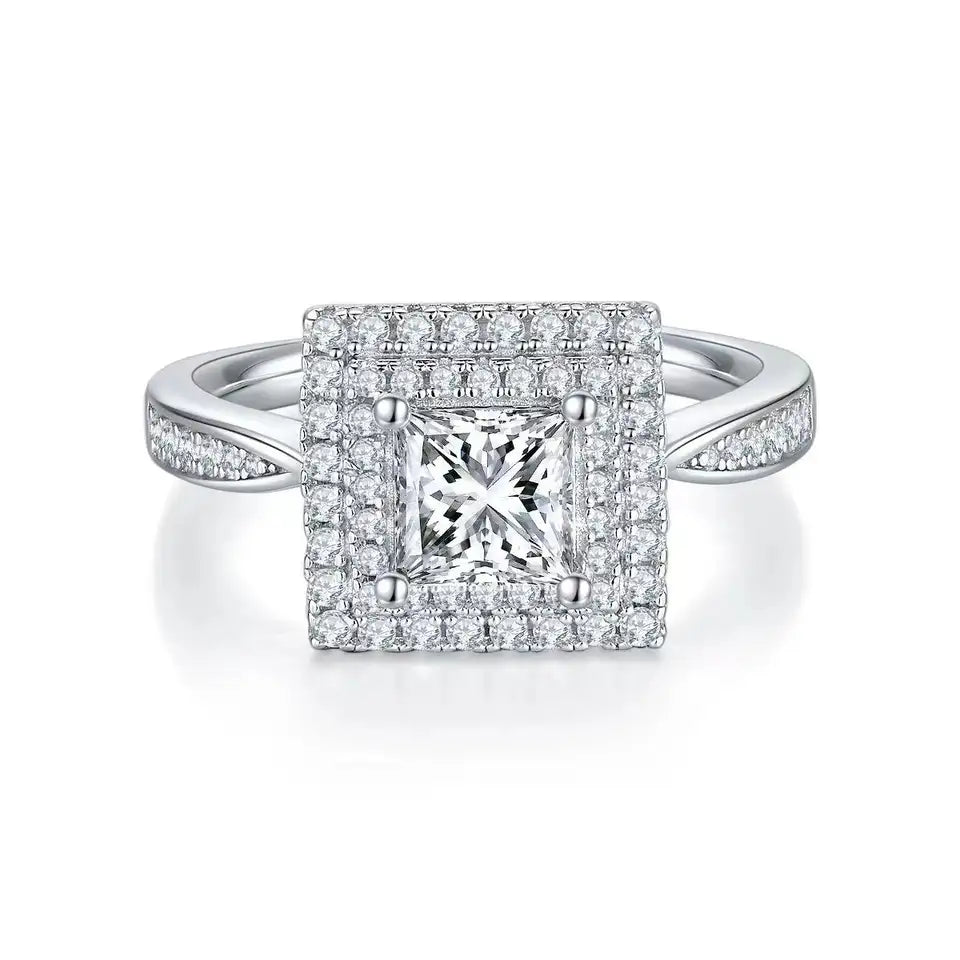 Double Halo 1.00ct Princess Cut Moissanite Engagement Ring