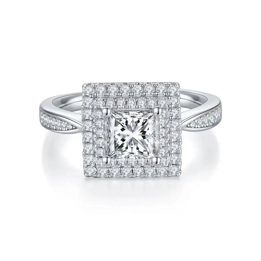 Double Halo 1.00ct Princess Cut Moissanite Engagement Ring