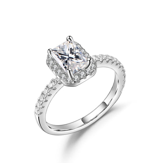 Emerald Cut Halo 1.00ct Moissanite Engagement Ring Set in Sterling Silver