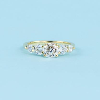 Five-Stone Cushion Cut Moissanite Engagement Ring Set in 9ct Yellow Gold
