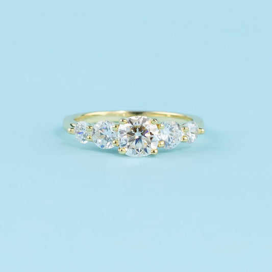 Five-Stone Cushion Cut Moissanite Engagement Ring Set in 9ct Yellow Gold
