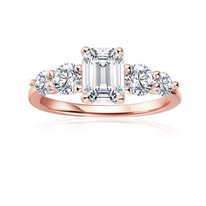 Five-Stone Emerald Cut Moissanite Engagement Ring Set in 9ct Rose Gold