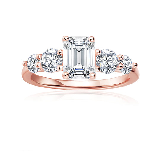 Five-Stone Emerald Cut Moissanite Engagement Ring Set in 9ct Rose Gold