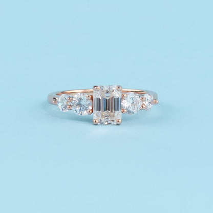 Five-Stone Emerald Cut Moissanite Engagement Ring Set in 9ct Rose Gold