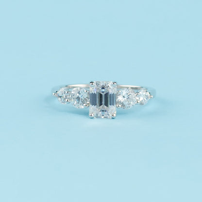 Five-Stone Emerald Cut Moissanite Engagement Ring Set in 9ct White Gold