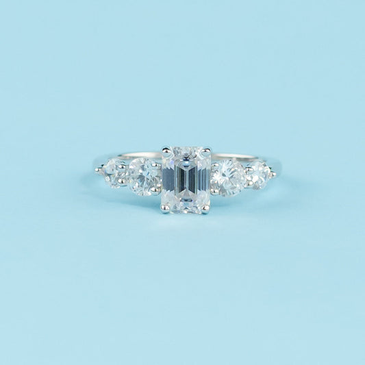 Five-Stone Emerald Cut Moissanite Engagement Ring Set in 9ct White Gold