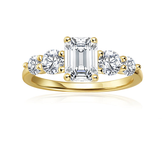 Five-Stone Emerald Cut Moissanite Engagement Ring Set in 9ct Yellow Gold