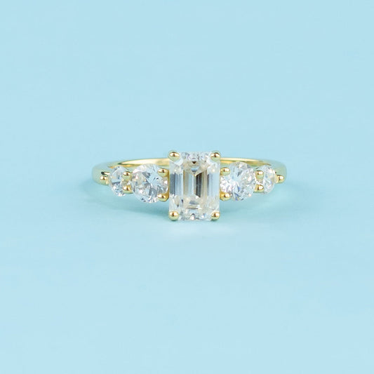 Five-Stone Emerald Cut Moissanite Engagement Ring Set in 9ct Yellow Gold