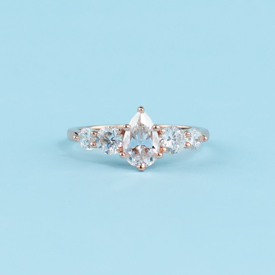 Five-Stone Pear Shape Moissanite Engagement Ring Set in 9ct Rose Gold