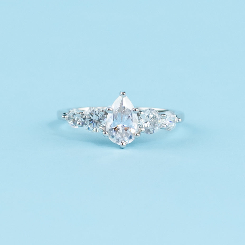 Five-Stone Pear Shape Moissanite Engagement Ring Set in 9ct White Gold