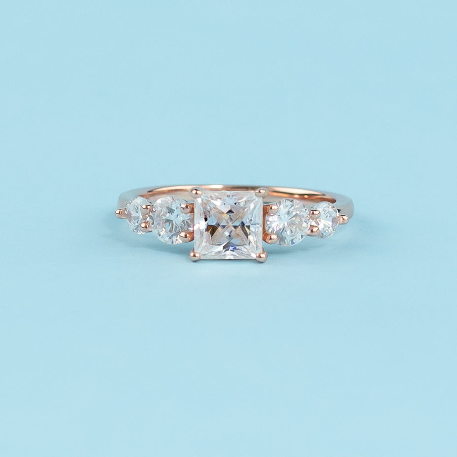 Five-Stone Princess Cut Moissanite Engagement Ring Set in 9ct Rose Gold