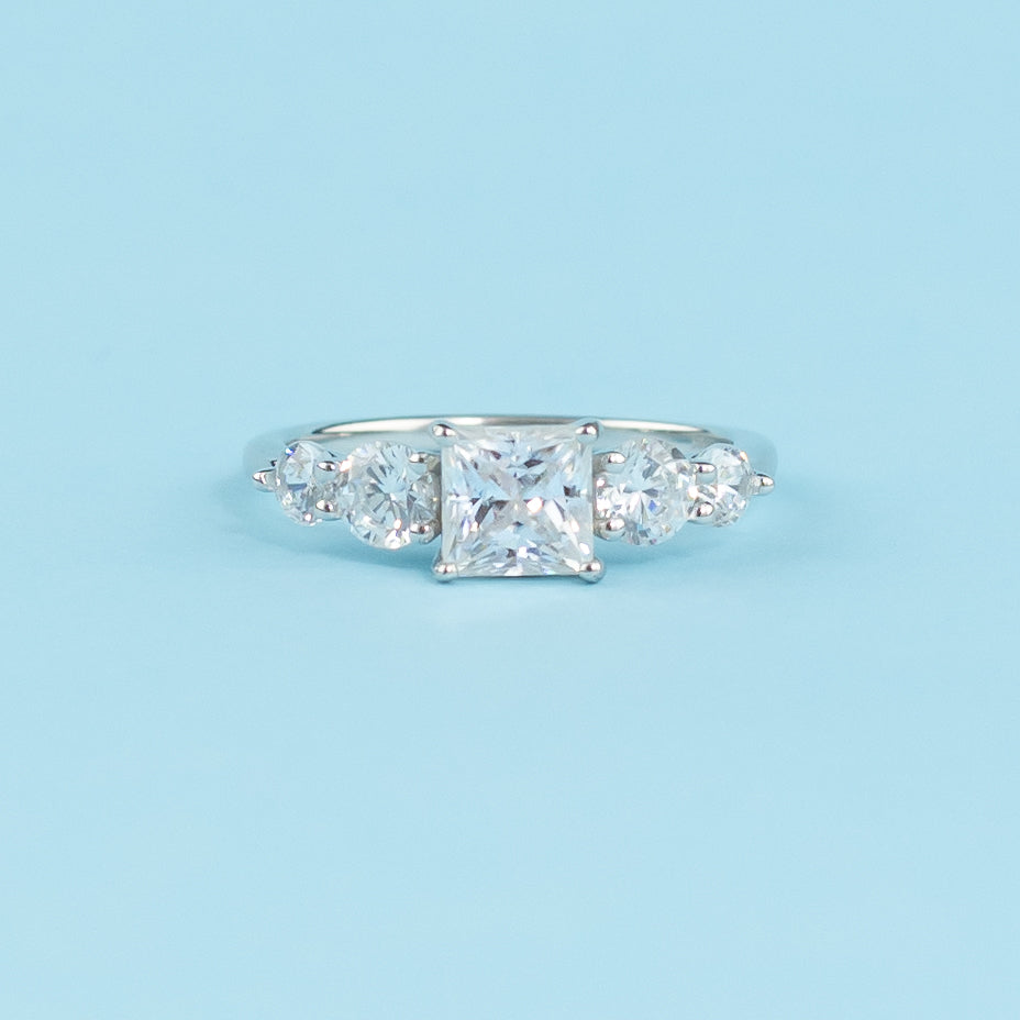 Five-Stone Princess Cut Moissanite Engagement Ring Set in 9ct White Gold