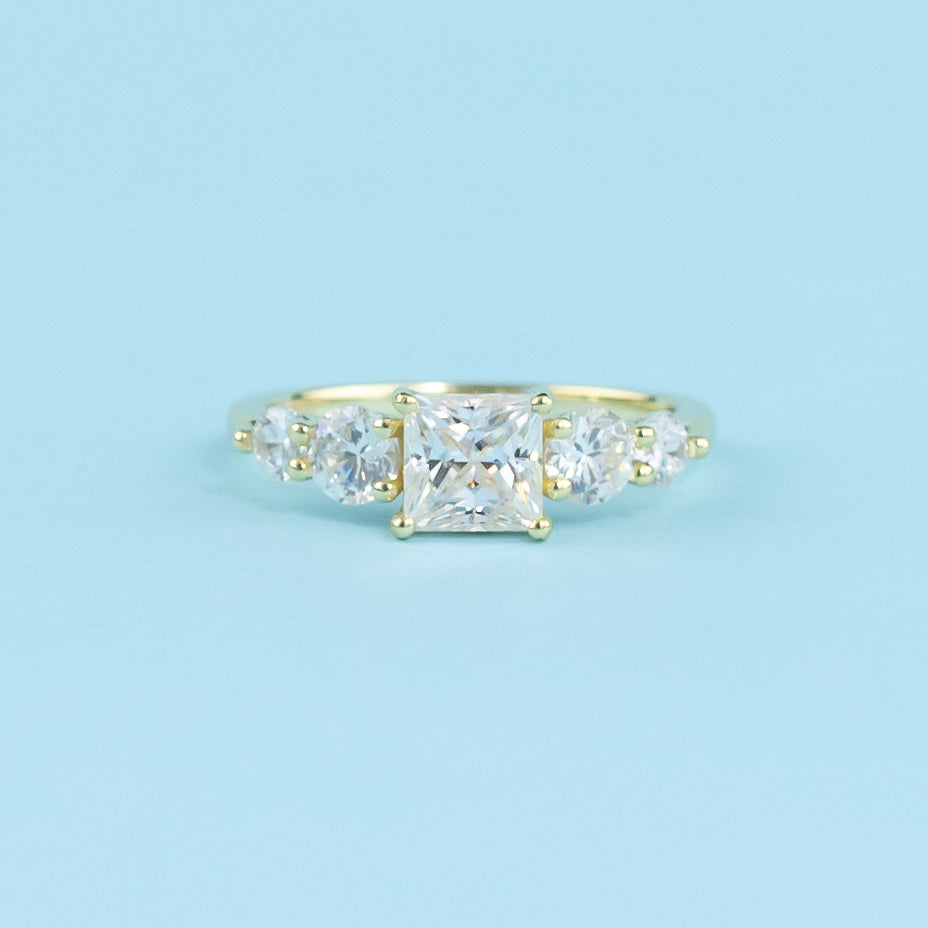Five-Stone Princess Cut Moissanite Engagement Ring Set in 9ct Yellow Gold