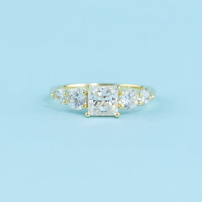 Five-Stone Princess Cut Moissanite Engagement Ring Set in 9ct Yellow Gold