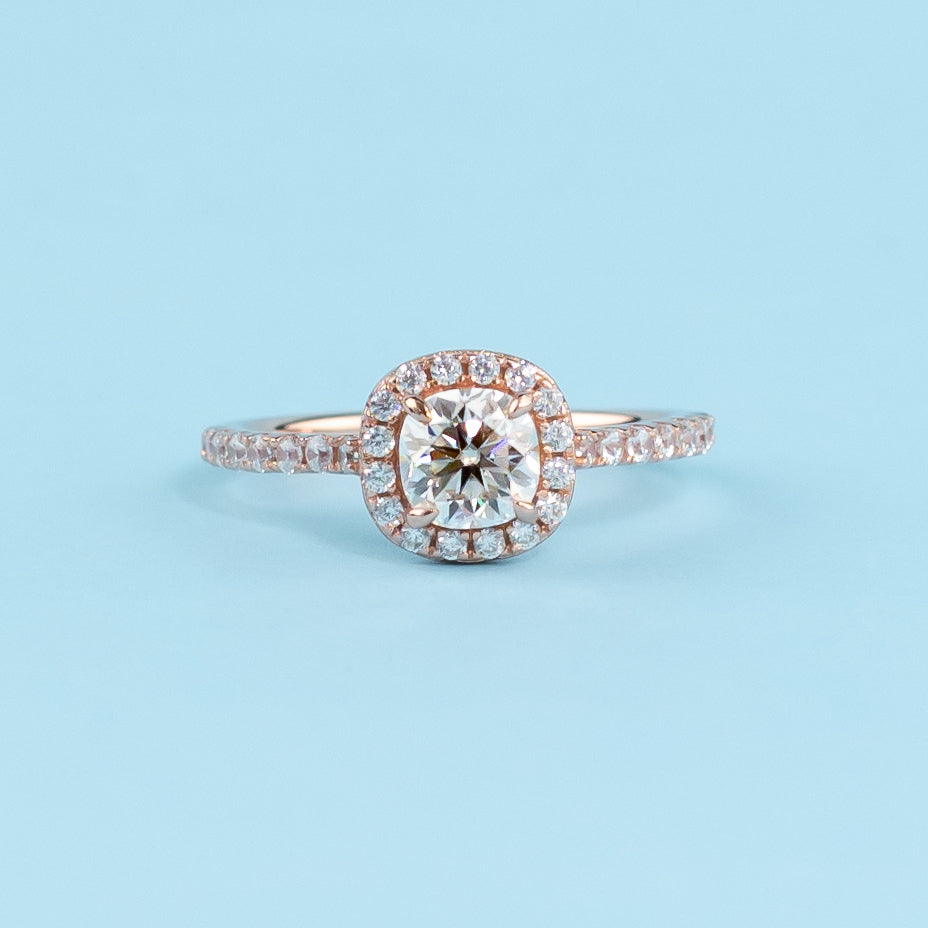 Heritage Halo Cushion Cut Moissanite Engagement Ring Set in 9ct Rose Gold