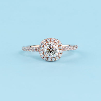 Heritage Halo Cushion Cut Moissanite Engagement Ring Set in 9ct Rose Gold