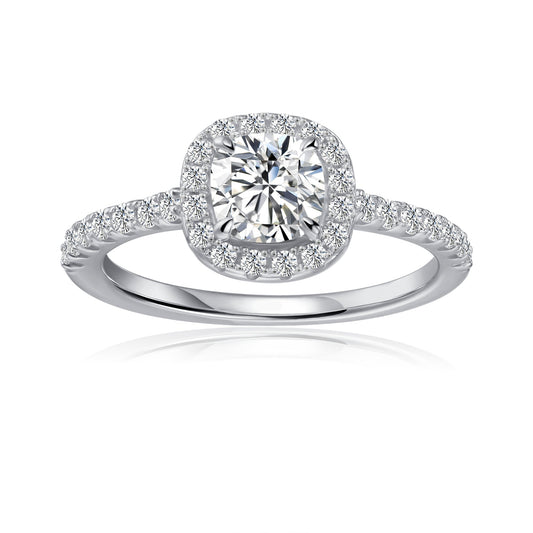 Heritage Halo Cushion Cut Moissanite Engagement Ring Set in 9ct White Gold