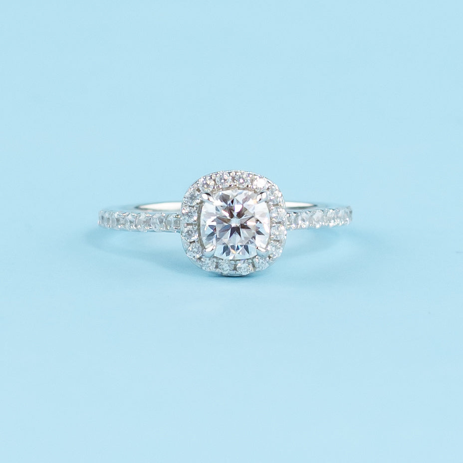 Heritage Halo Cushion Cut Moissanite Engagement Ring Set in 9ct White Gold