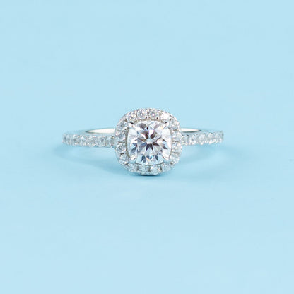 Heritage Halo Cushion Cut Moissanite Engagement Ring Set in 9ct White Gold