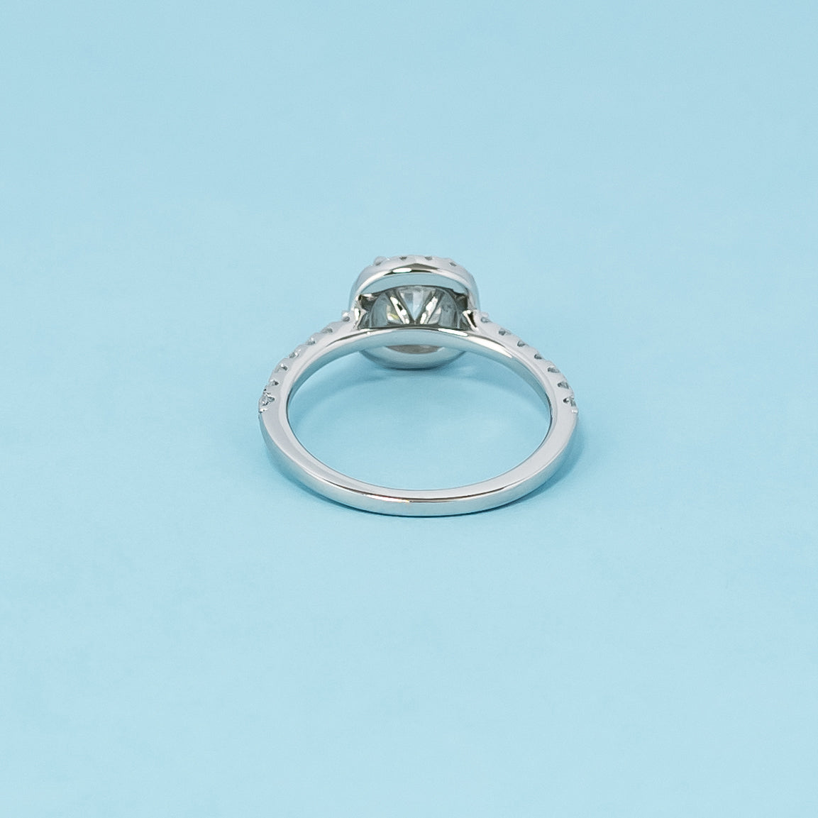 Heritage Halo Cushion Cut Moissanite Engagement Ring Set in 9ct White Gold
