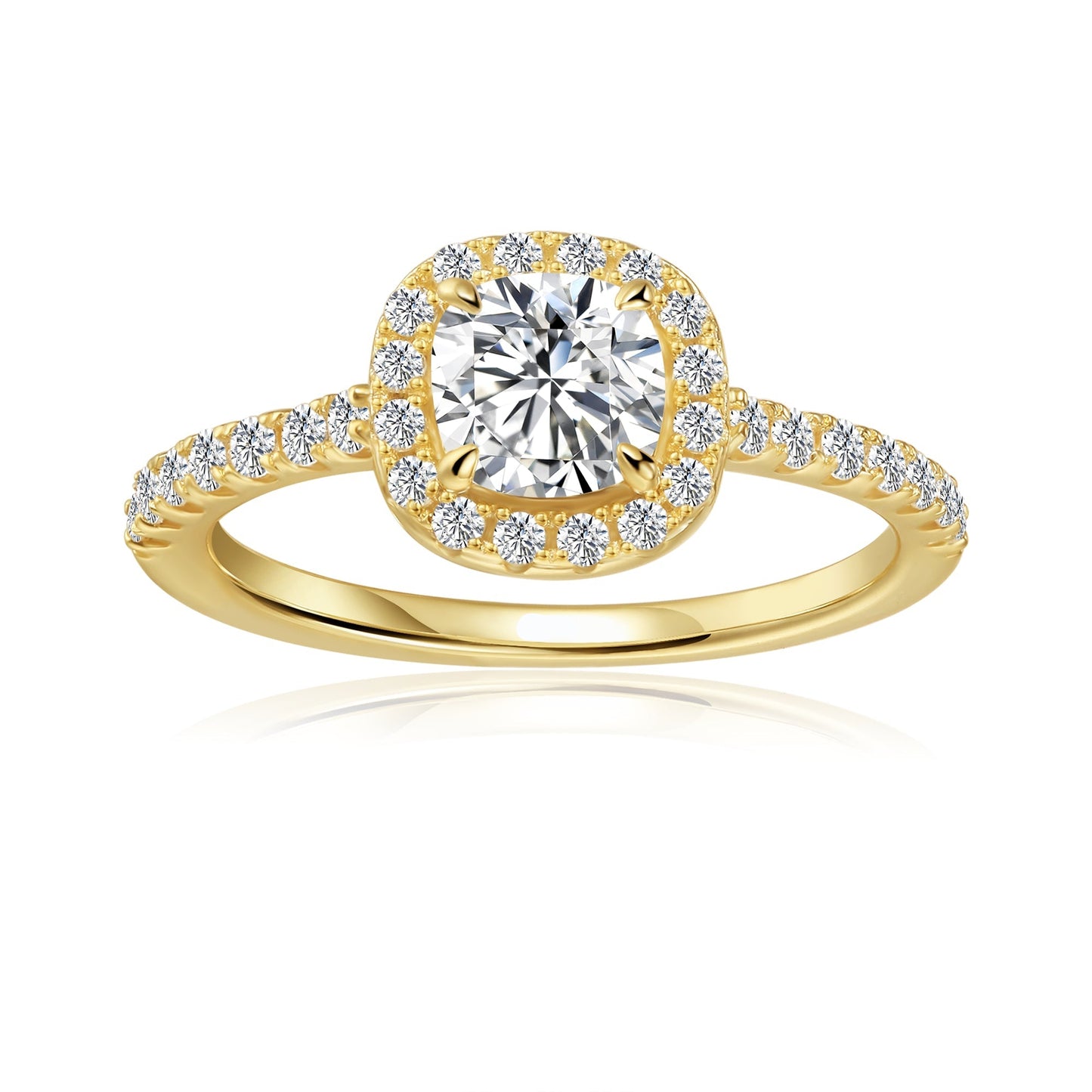 Heritage Halo Cushion Cut Moissanite Engagement Ring Set in 9ct Yellow Gold