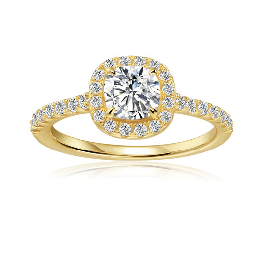 Heritage Halo Cushion Cut Moissanite Engagement Ring Set in 9ct Yellow Gold