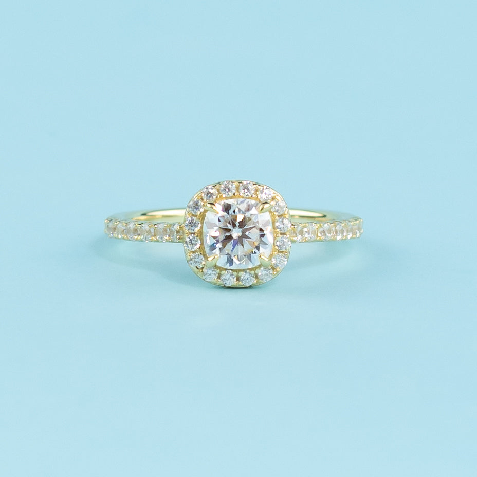 Heritage Halo Cushion Cut Moissanite Engagement Ring Set in 9ct Yellow Gold