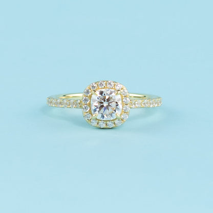 Heritage Halo Cushion Cut Moissanite Engagement Ring Set in 9ct Yellow Gold