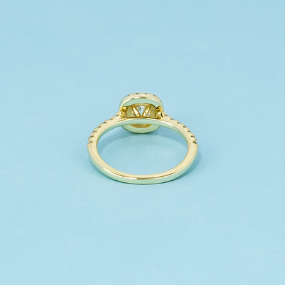 Heritage Halo Cushion Cut Moissanite Engagement Ring Set in 9ct Yellow Gold