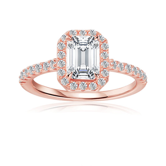 Heritage Halo Emerald Cut Moissanite Engagement Ring Set in 9ct Rose Gold