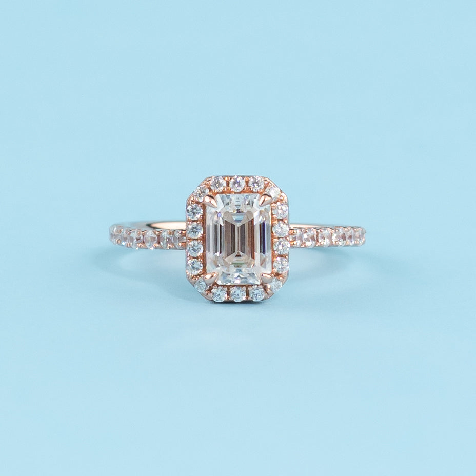 Heritage Halo Emerald Cut Moissanite Engagement Ring Set in 9ct Rose Gold