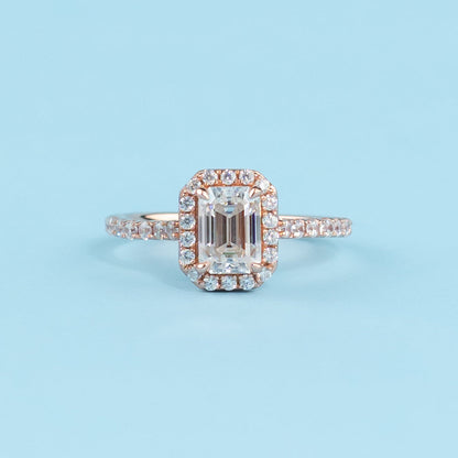 Heritage Halo Emerald Cut Moissanite Engagement Ring Set in 9ct Rose Gold