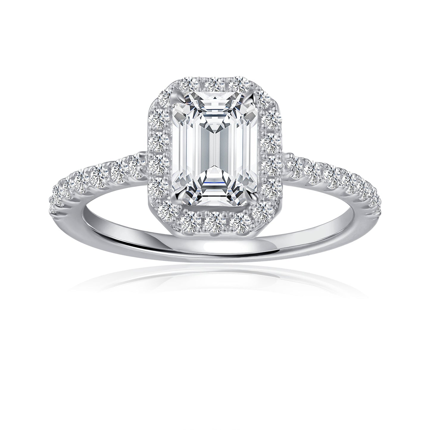 Heritage Halo Emerald Cut Moissanite Engagement Ring Set in 9ct White Gold
