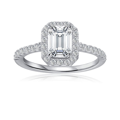 Heritage Halo Emerald Cut Moissanite Engagement Ring Set in 9ct White Gold
