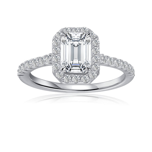 Heritage Halo Emerald Cut Moissanite Engagement Ring Set in 9ct White Gold