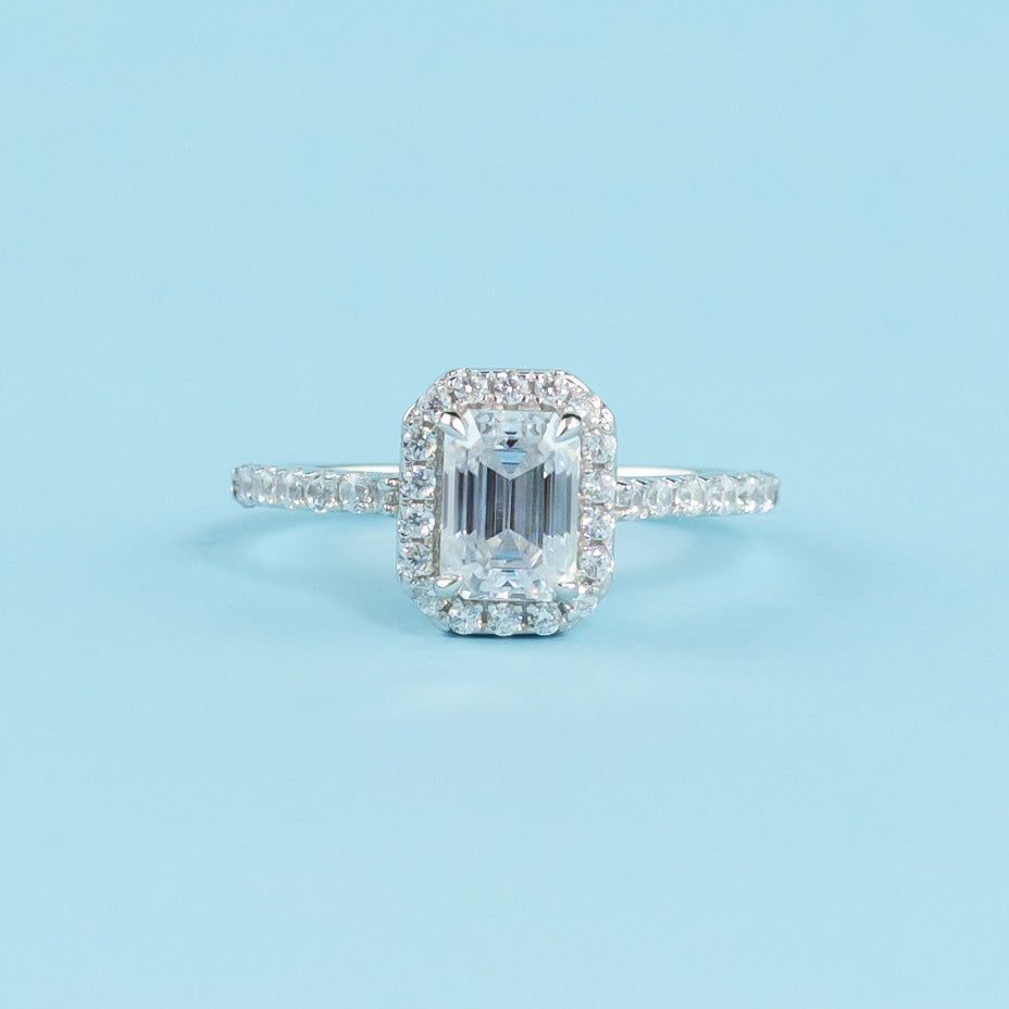 Heritage Halo Emerald Cut Moissanite Engagement Ring Set in 9ct White Gold