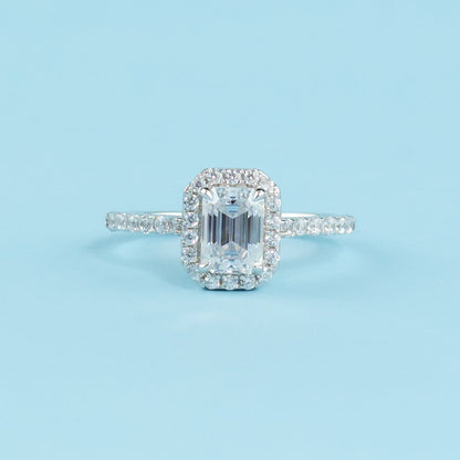 Heritage Halo Emerald Cut Moissanite Engagement Ring Set in 9ct White Gold