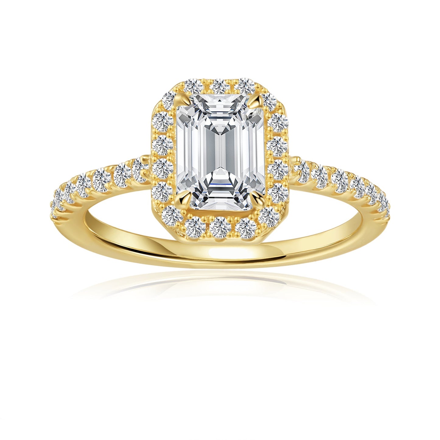 Heritage Halo Emerald Cut Moissanite Engagement Ring Set in 9ct Yellow Gold