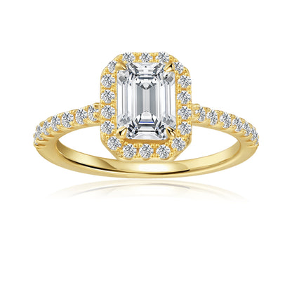 Heritage Halo Emerald Cut Moissanite Engagement Ring Set in 9ct Yellow Gold