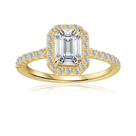Heritage Halo Emerald Cut Moissanite Engagement Ring Set in 9ct Yellow Gold