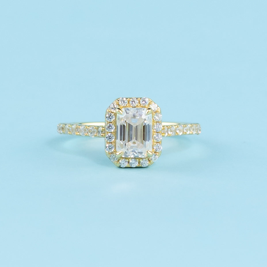 Heritage Halo Emerald Cut Moissanite Engagement Ring Set in 9ct Yellow Gold