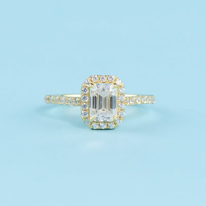 Heritage Halo Emerald Cut Moissanite Engagement Ring Set in 9ct Yellow Gold