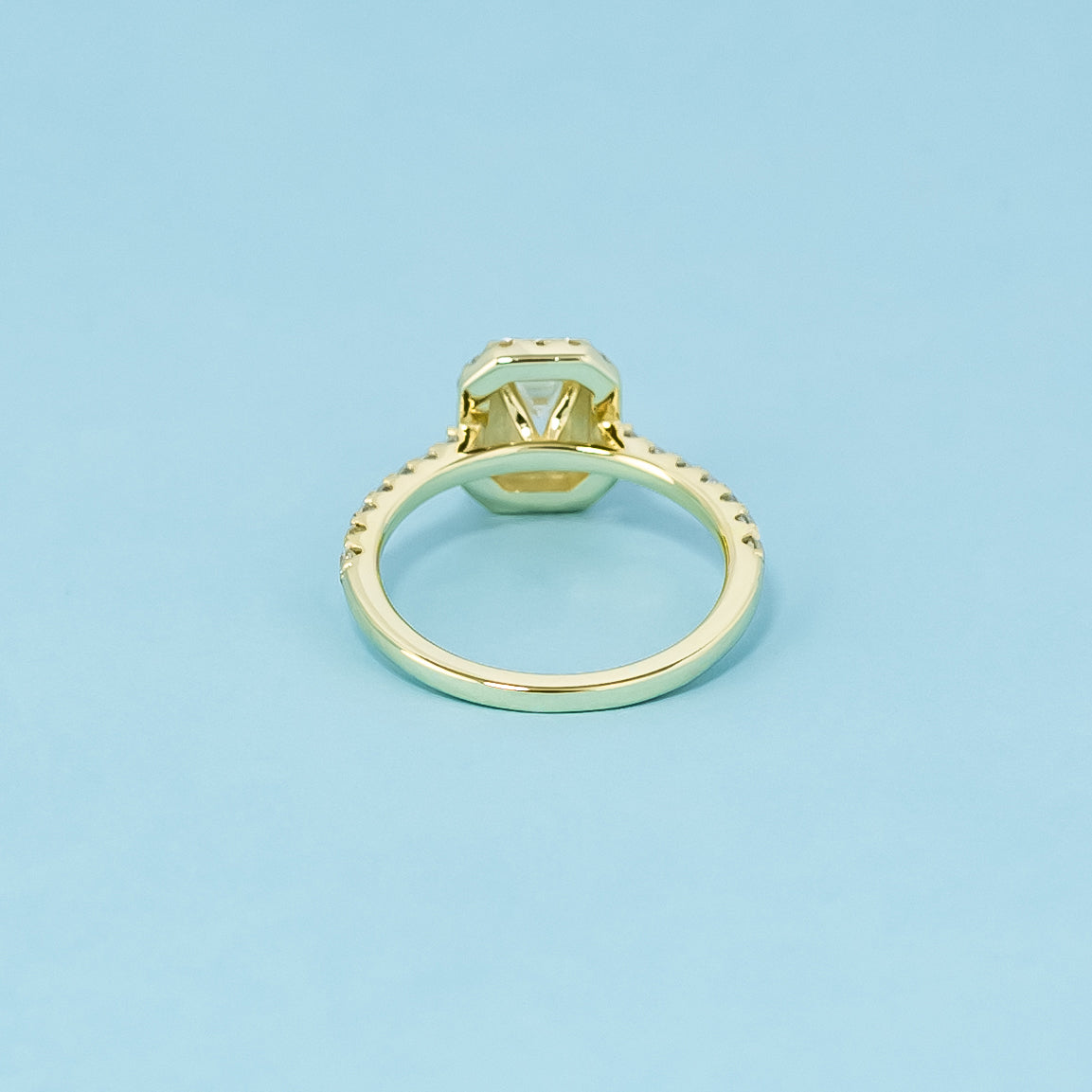 Heritage Halo Emerald Cut Moissanite Engagement Ring Set in 9ct Yellow Gold