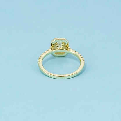 Heritage Halo Emerald Cut Moissanite Engagement Ring Set in 9ct Yellow Gold