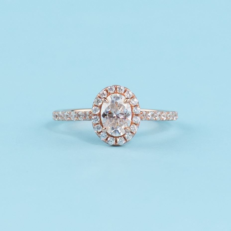Heritage Halo Oval Cut Moissanite Engagement Ring Set in 9ct Rose Gold