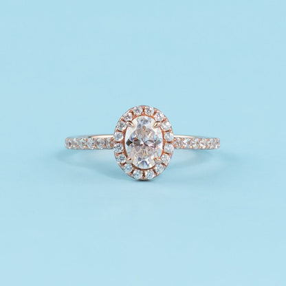 Heritage Halo Oval Cut Moissanite Engagement Ring Set in 9ct Rose Gold