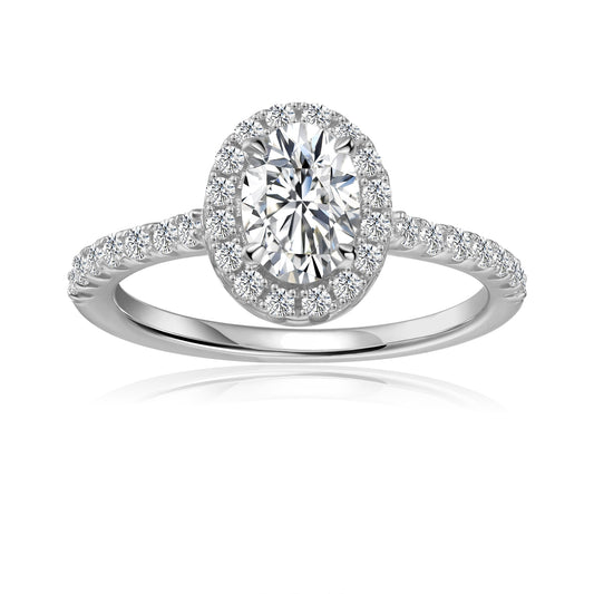 Heritage Halo Oval Cut Moissanite Engagement Ring Set in 9ct White Gold